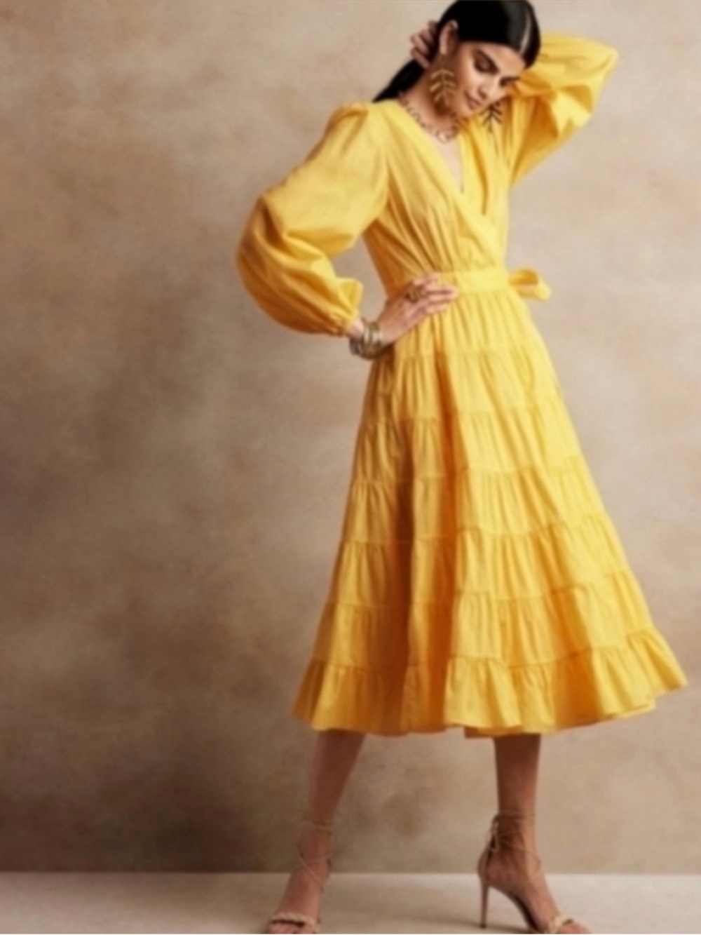 Banana Republic Bright Yellow Tiered V-Neck Midi Dress
